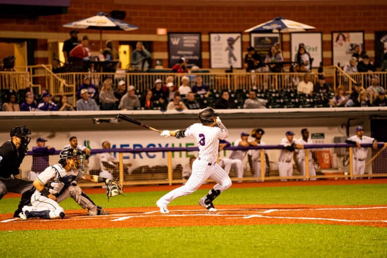 Baseball game, Lake Erie Crushers player hitting